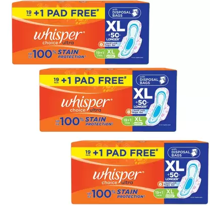 Whisper Choice Ultra Sanitary Napkin with Wings (XL) (20pads x 3) - (Pack of 60)